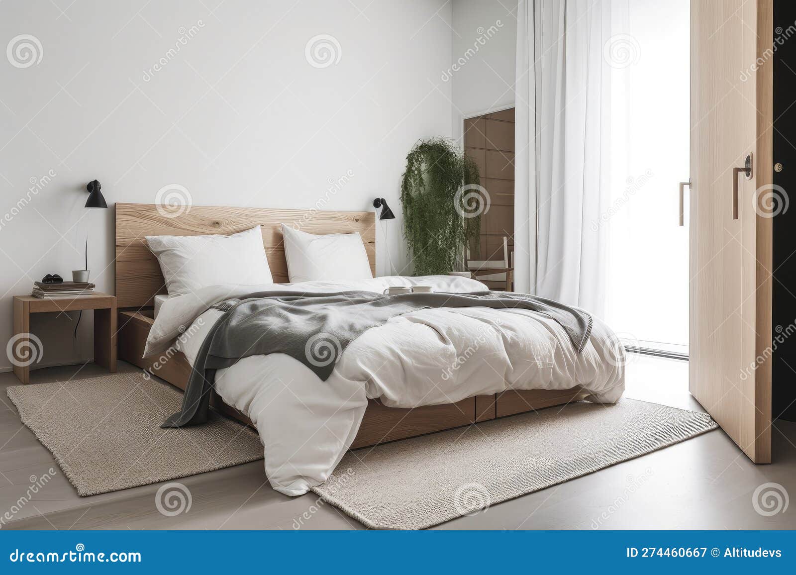 Minimalist Bedroom with Simple Bed, Nightstand, and Wardrobe Stock Illustration Illustration