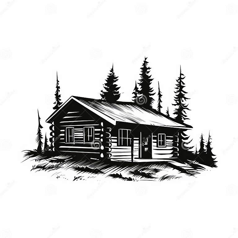 Minimalist Black and White Cabin Illustration: Vintage Cabincore Art ...