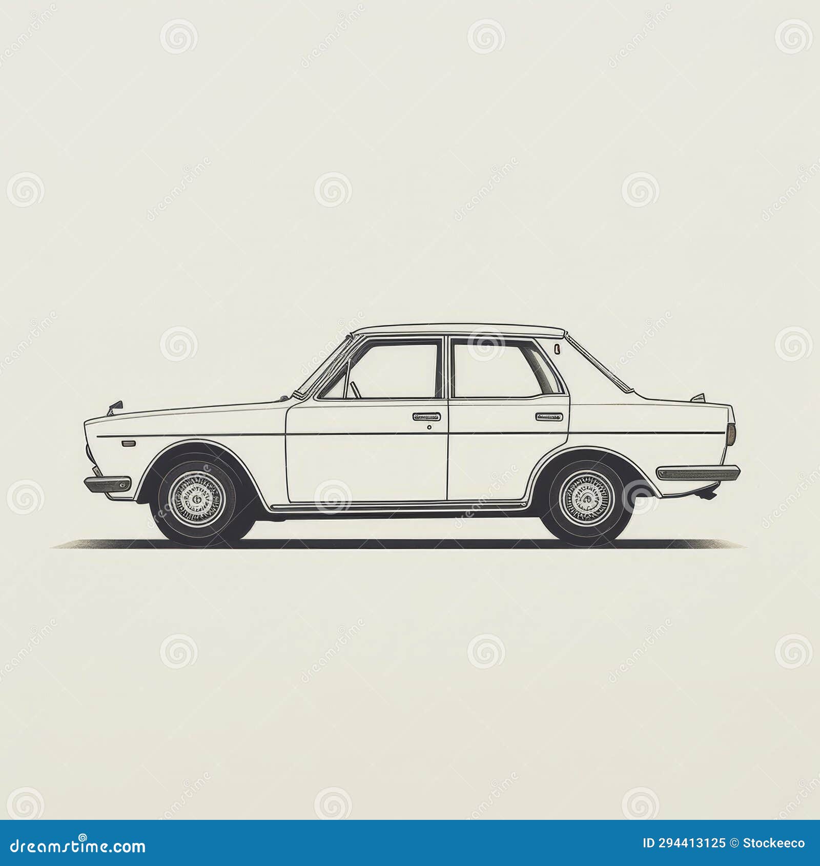 minimalist black and white drawing of an old white car