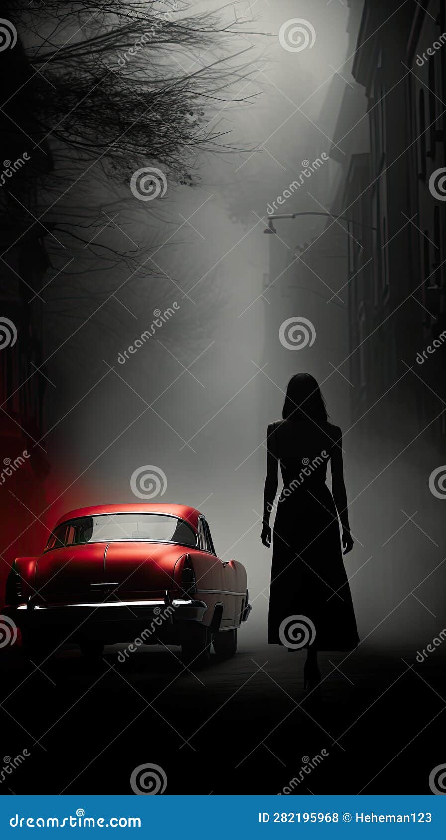 minimalist cinematic surrealism of a woman walking towards a red car that flashes in the dark
