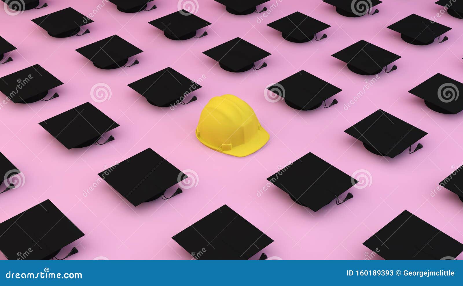 minimalist composition pattern with diferents graduation caps and one helmet on a pink background