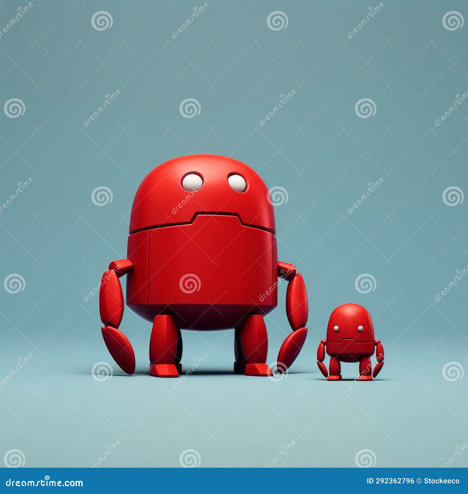 minimalist 3d character: red robot on blue background