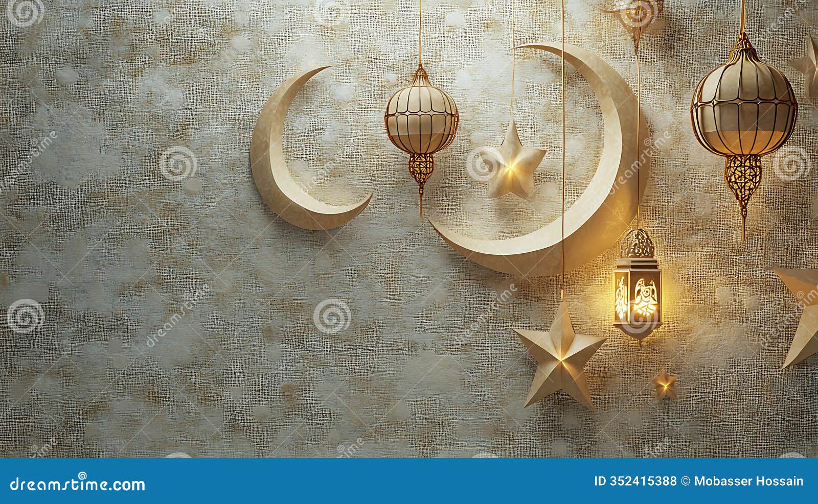 minimalist 3d ramadan decor with crescent and stars on textured paper background