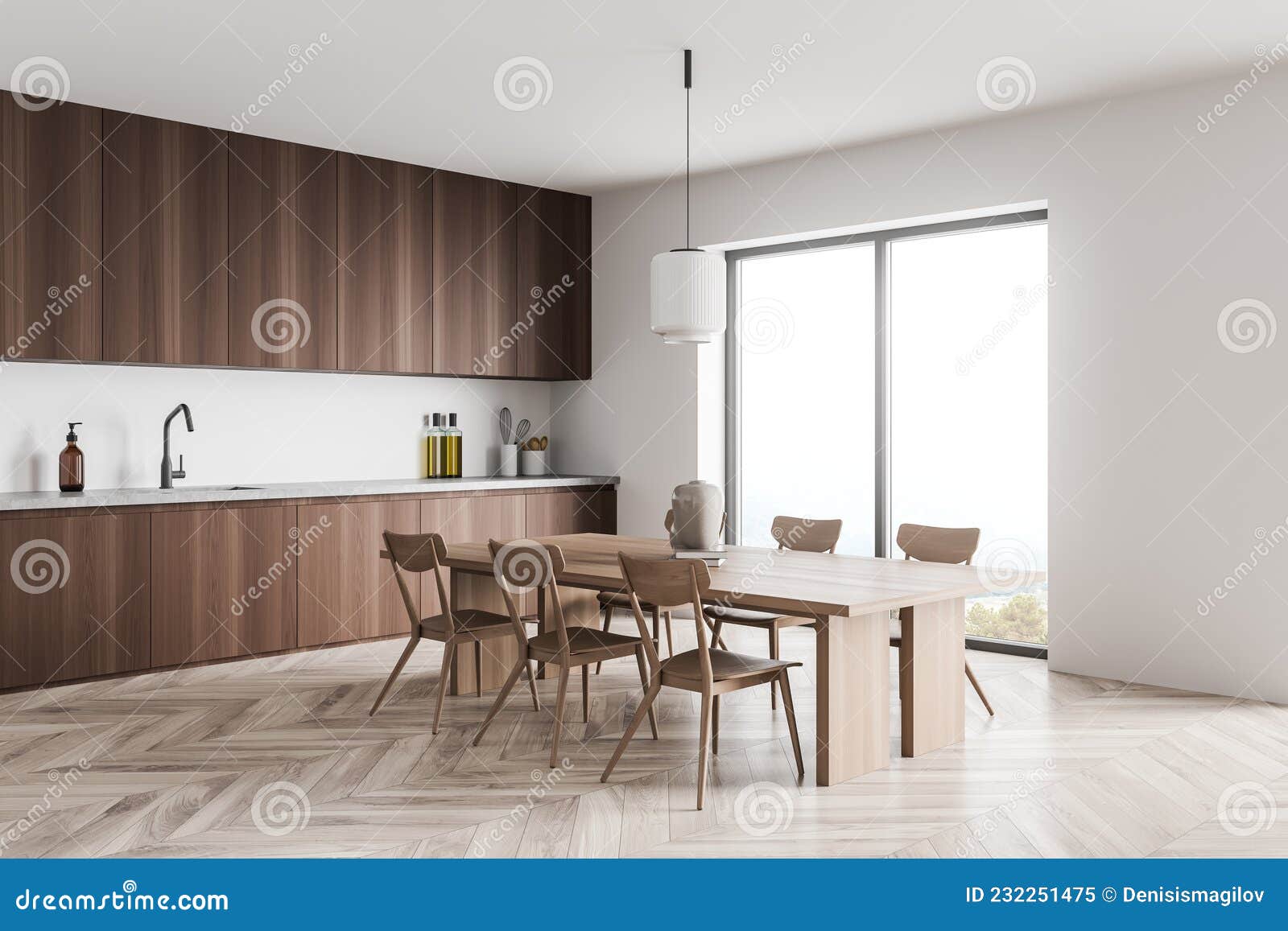 Minimalist Dark Wood Kitchen With Light Wood Dining Table. Corner View  Stock Illustration - Illustration Of People, Cabinet: 232251475