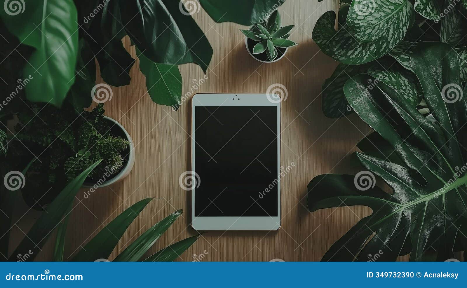 minimalist desk setup in a home office with plants, a tablet, and natural lighting