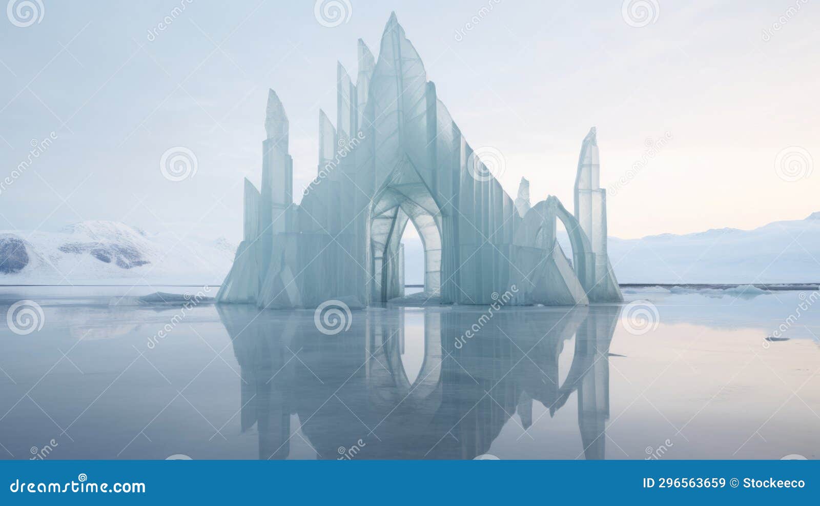 minimalist gothic architecture ice castle on ocean exhibition in antarctica