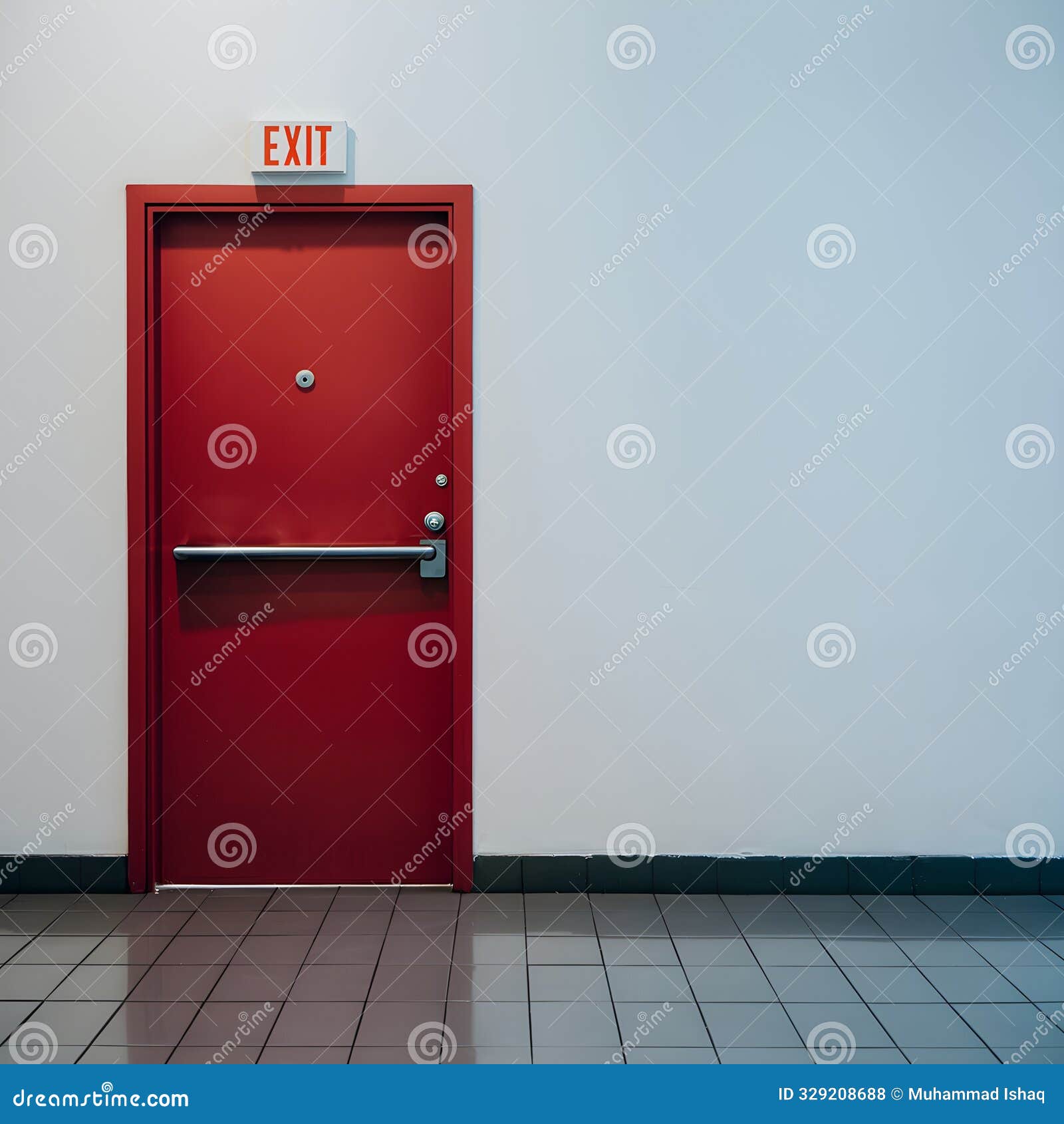 minimalist image of red door labeled exit, white wall, tiled floor