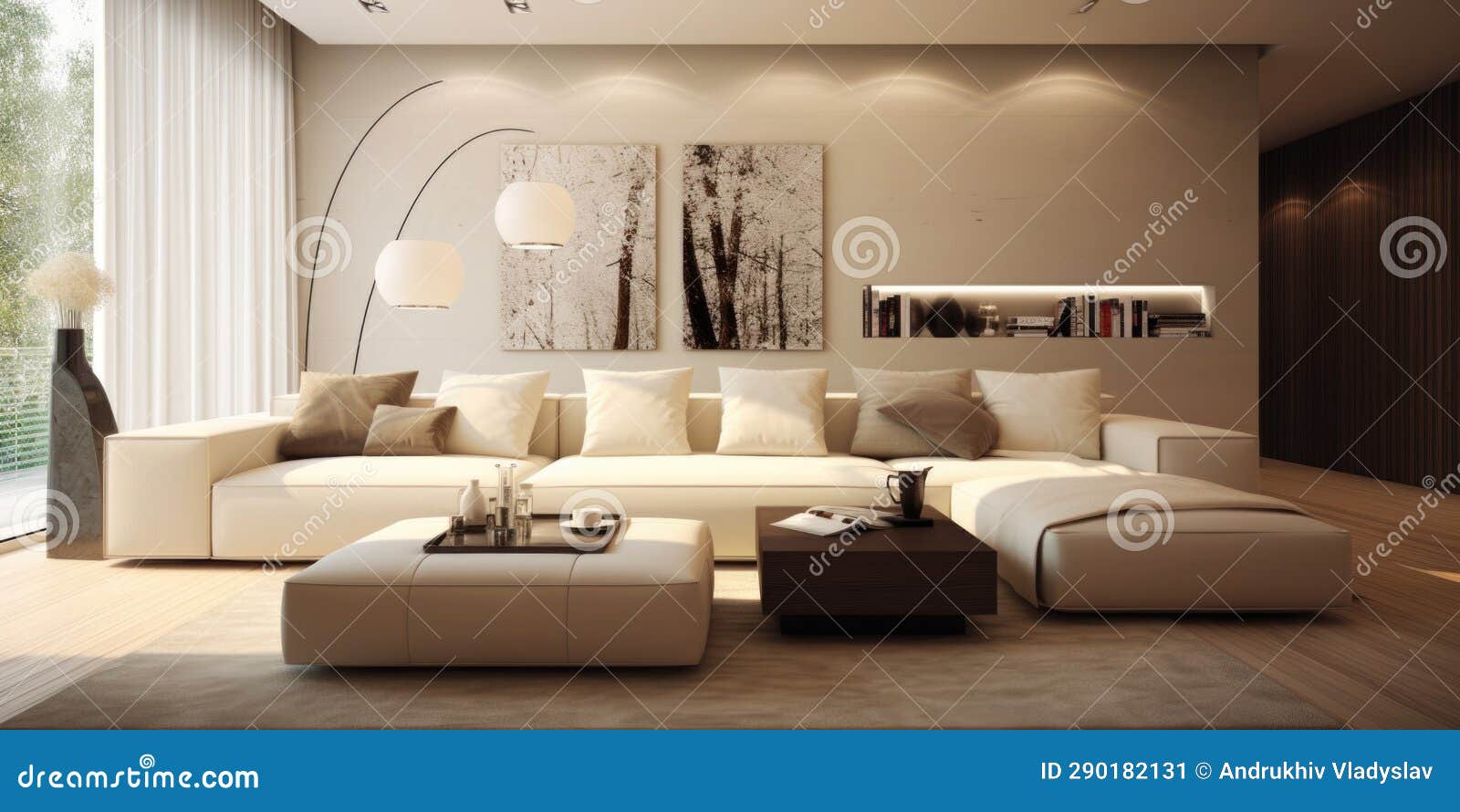 Minimalist Interior Design of Modern Living Room with Beige Sofa Stock