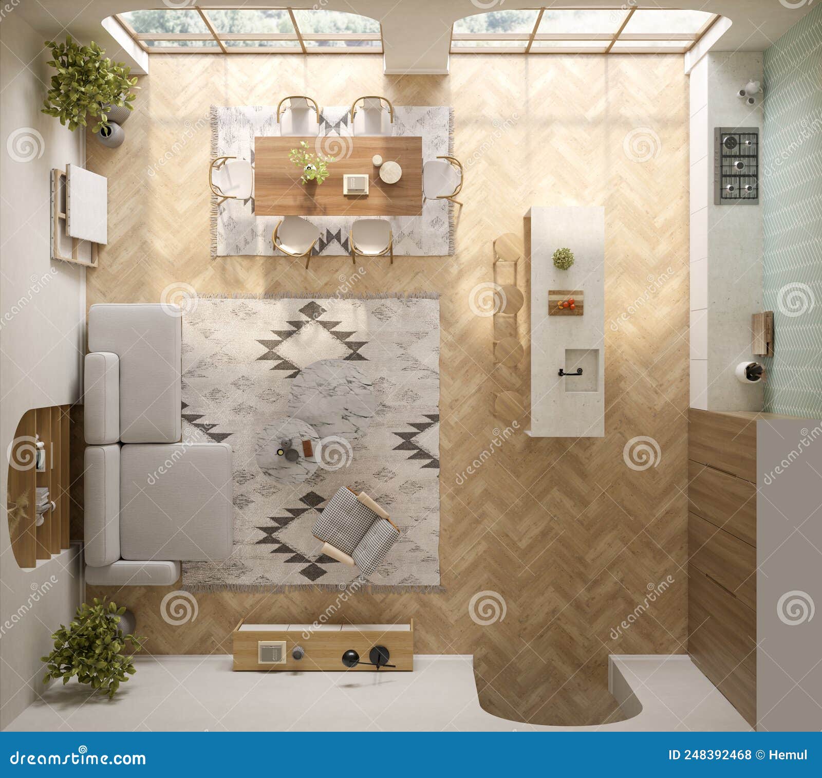 Minimalist Interior of Modern Living Room Top View 3D Rendering Stock