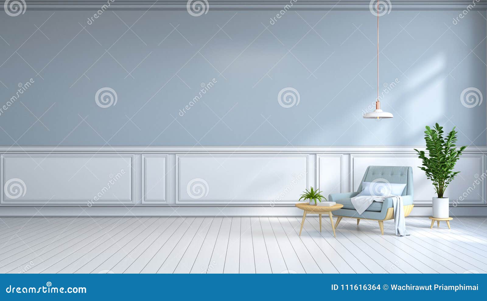 minimalist interior room ,light blue armchair on white flooring and light blue wall /3d render