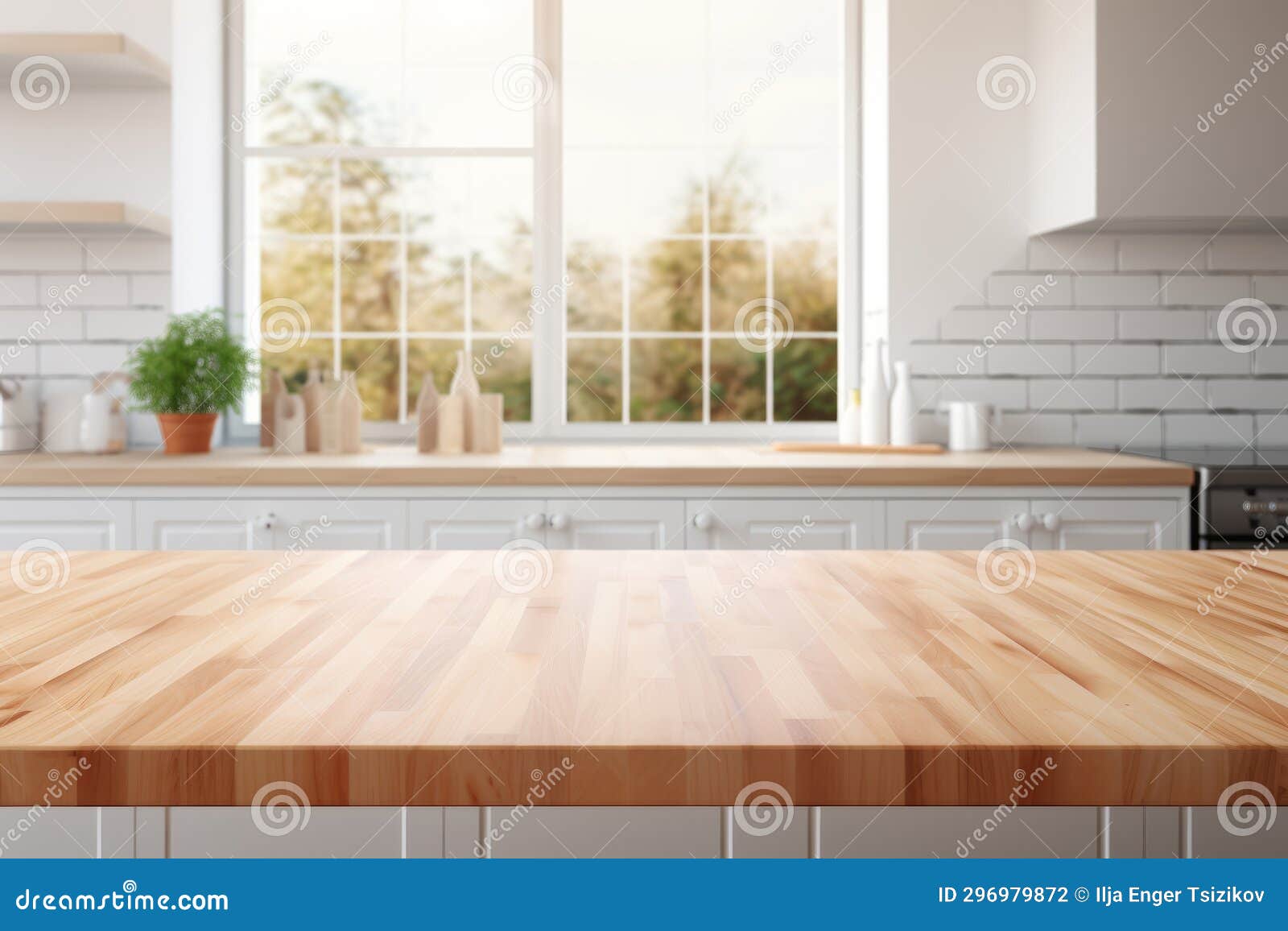 Minimalist Kitchen Interior with Empty Light Wood Table Top and Window