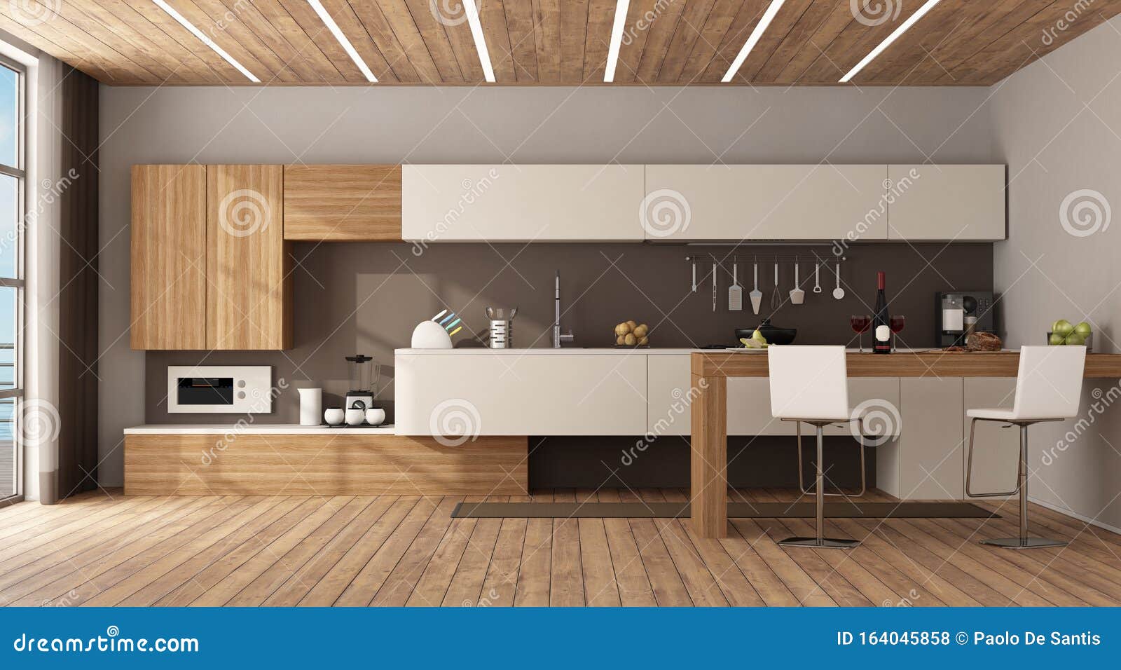 Minimalist Kitchen with Peninsula and Stools Stock Illustration