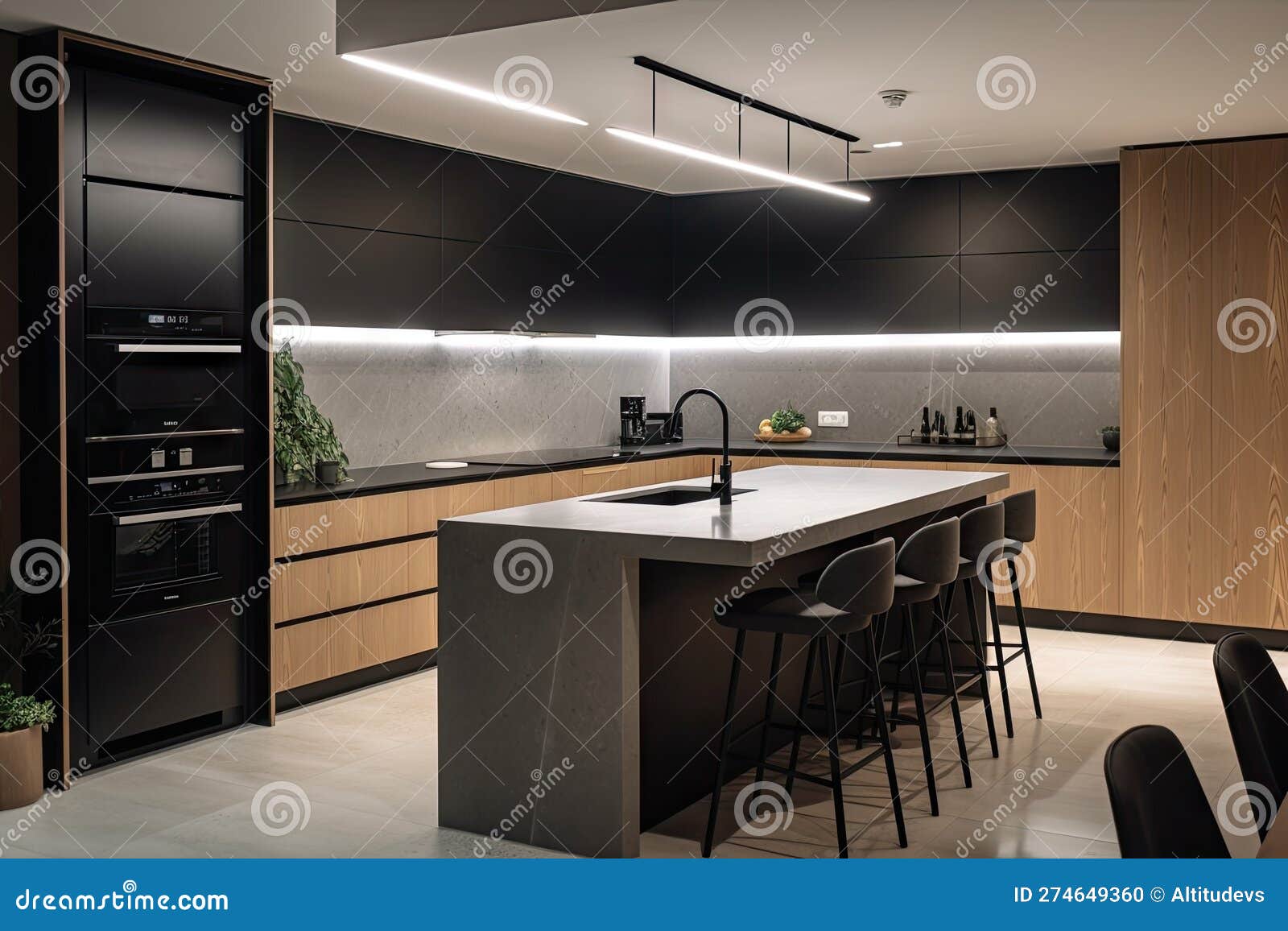 Minimalist Kitchen, with Sleek Appliances and Modern Fixtures Stock