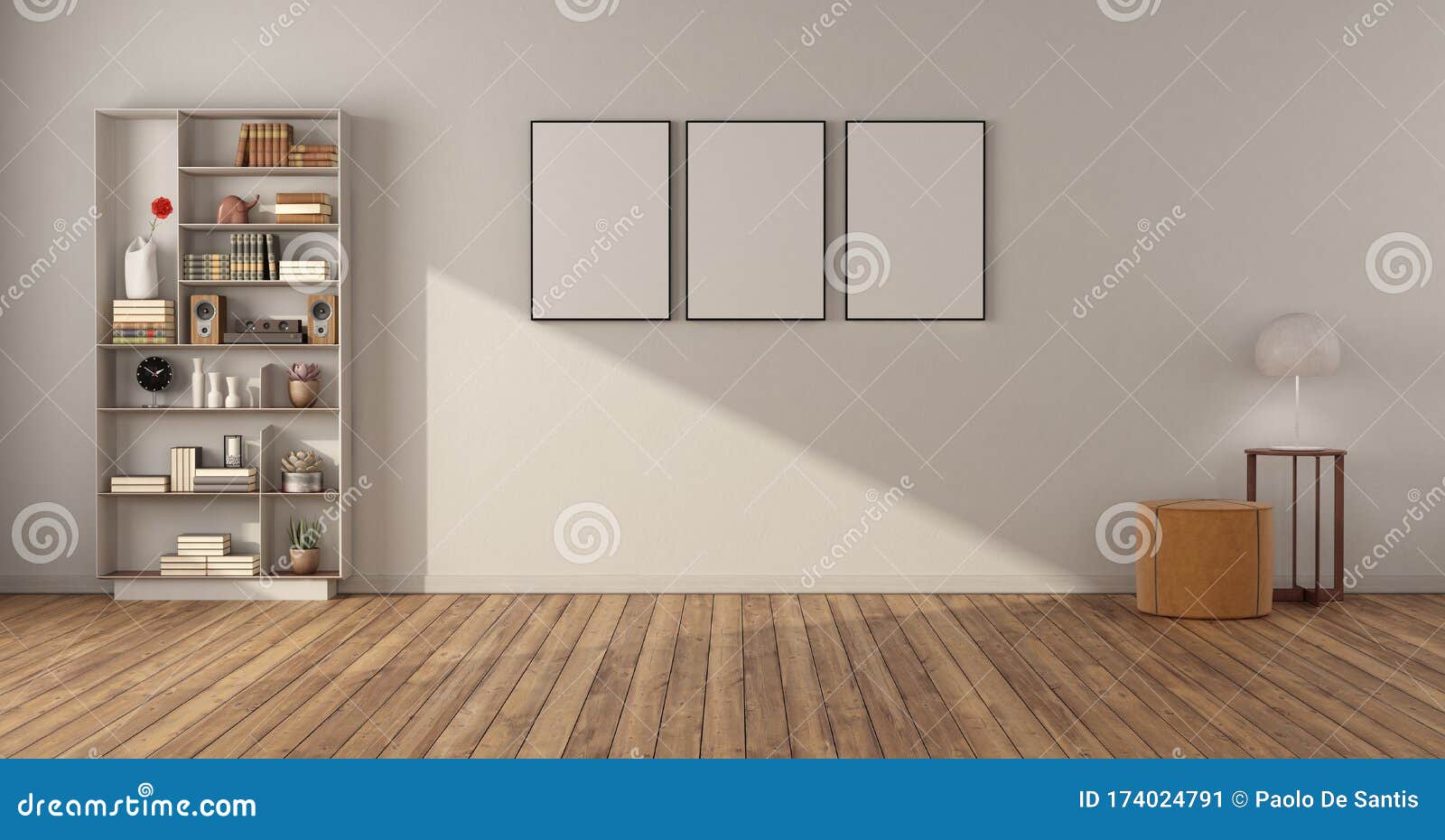 Minimalist Living Room with Bookcase Stock Illustration Illustration