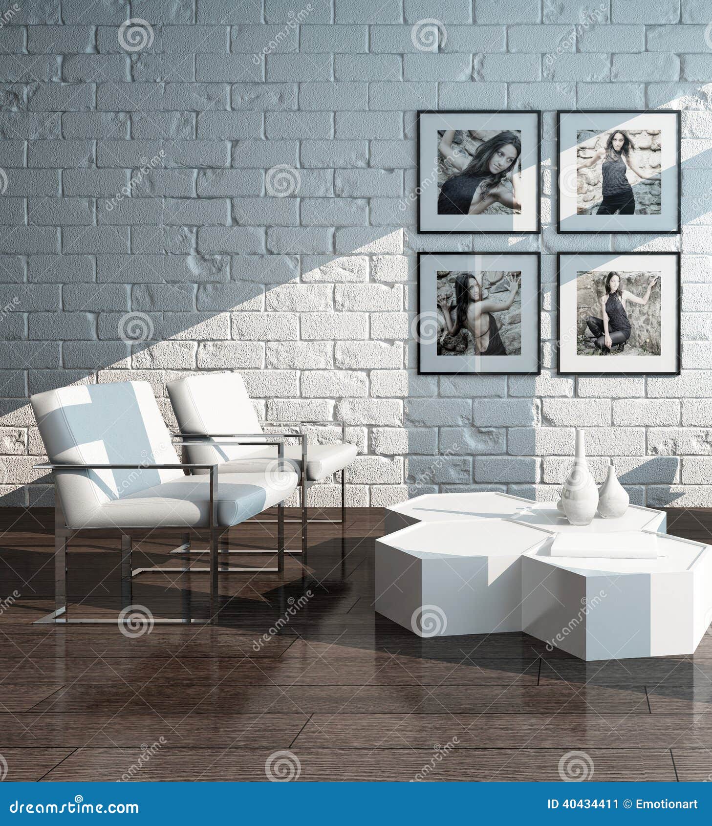 Minimalist Living Room Interior With Brick Wall Stock Illustration