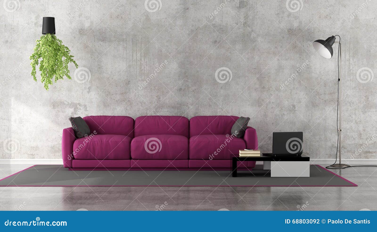 minimalist living room with purple sofa