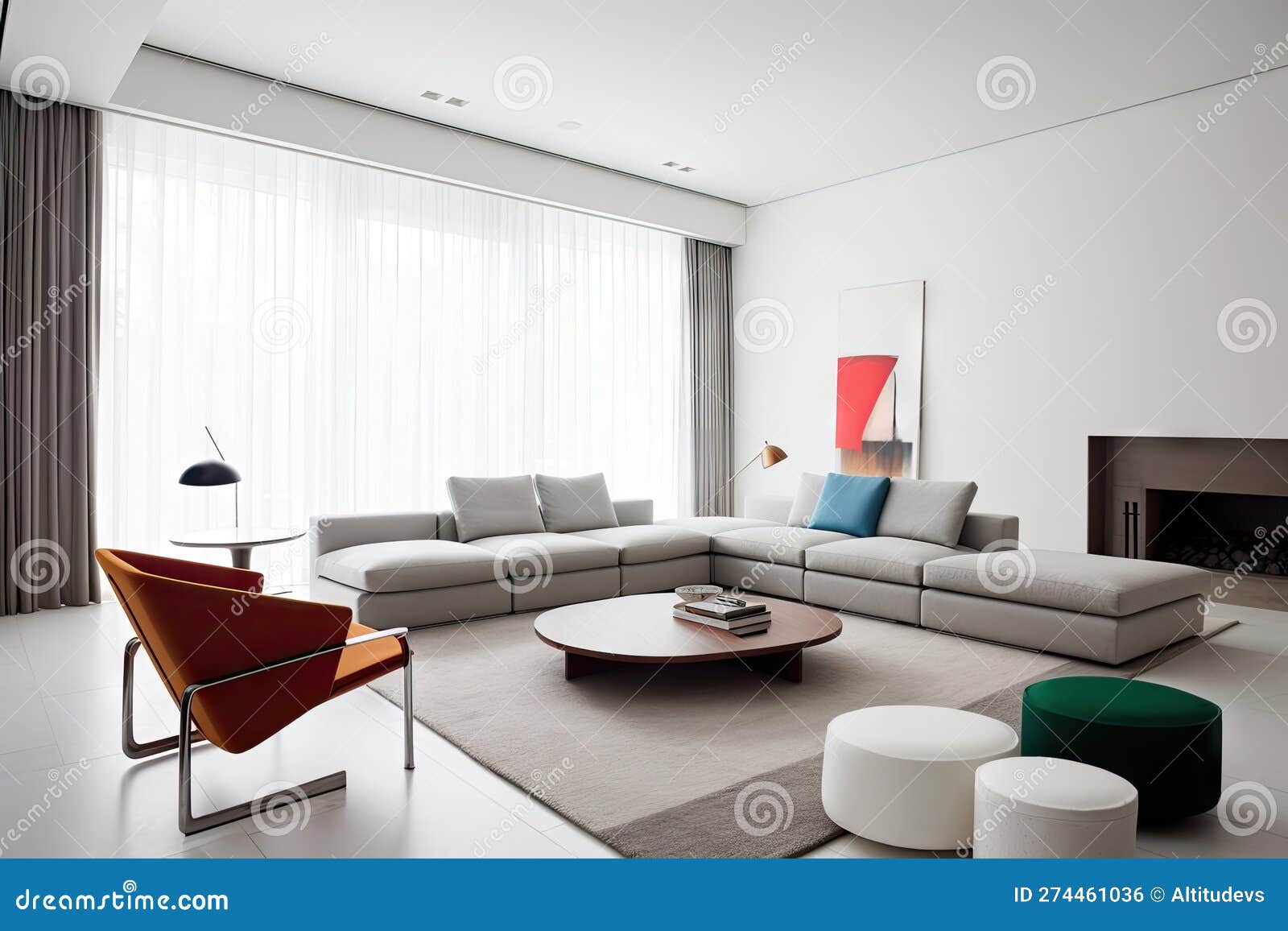 Minimalist Living Room with Sleek Sofas and Tables, Plus a Pop of Color