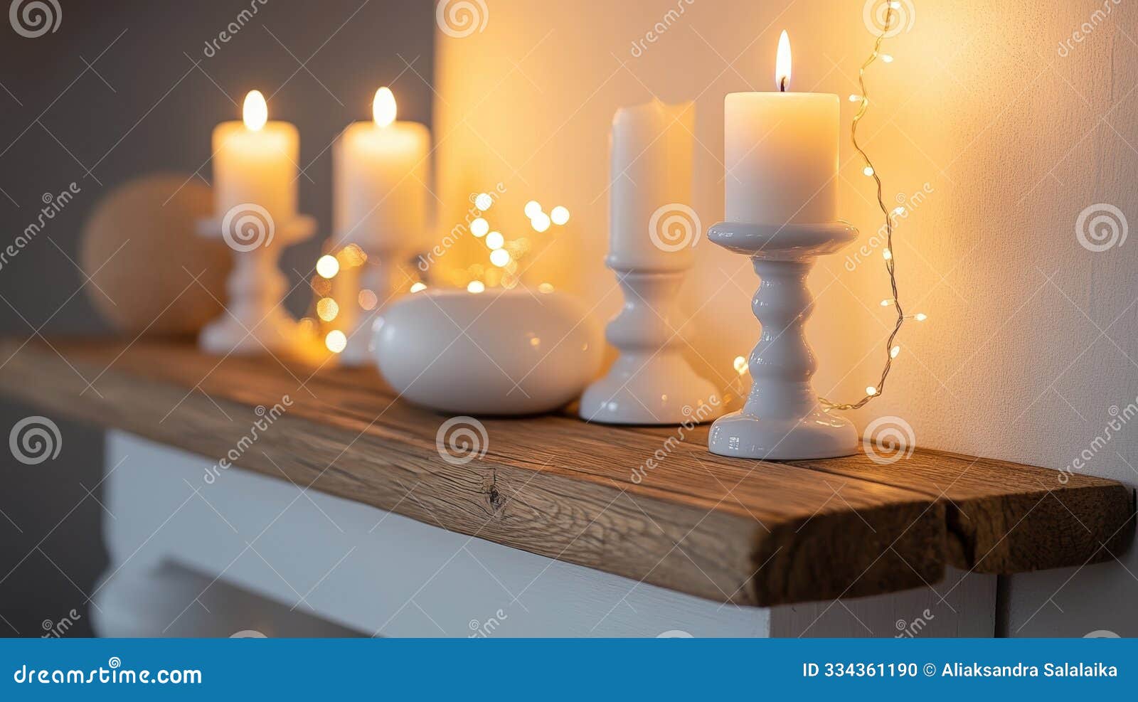 minimalist modern interior with white candles and fairy lights on a wooden shelf, creating a cozy christmas ambiance in
