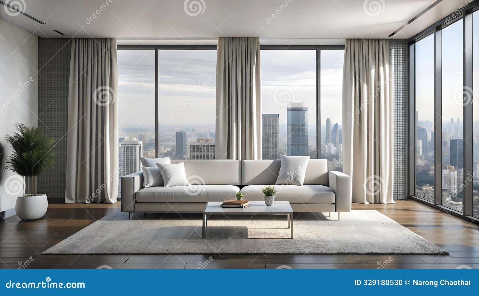 minimalist modern living room with a breathtaking cityscape panorama  generative ai