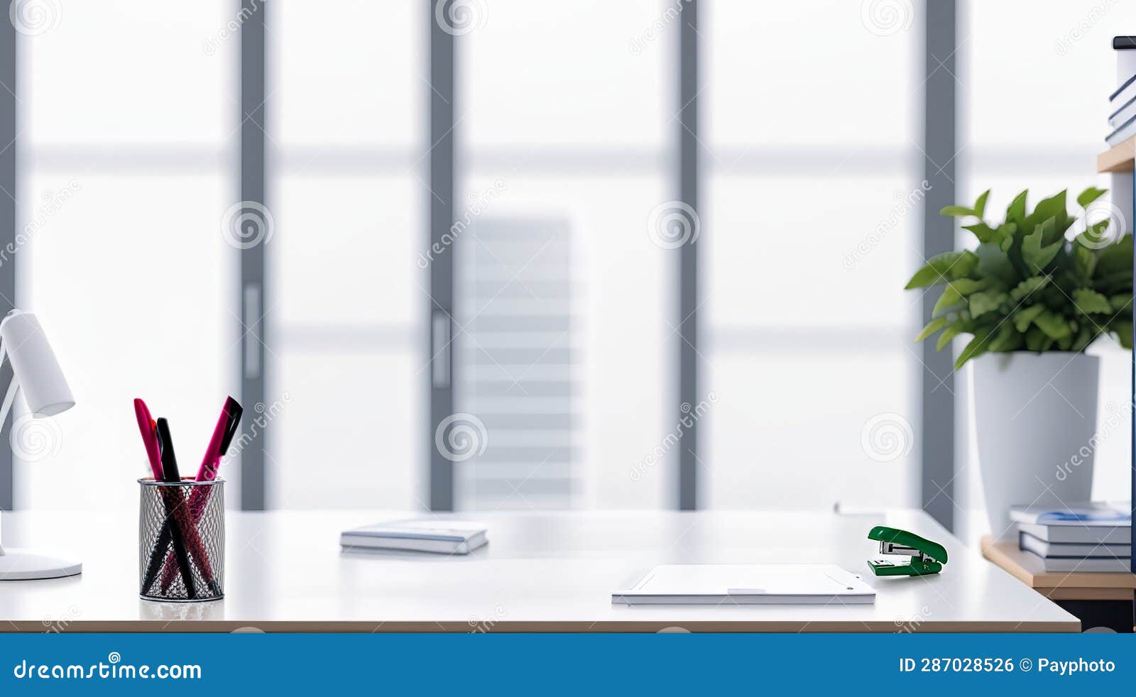 Minimalist Modern White Workspace with Copy Space: Blurred Office