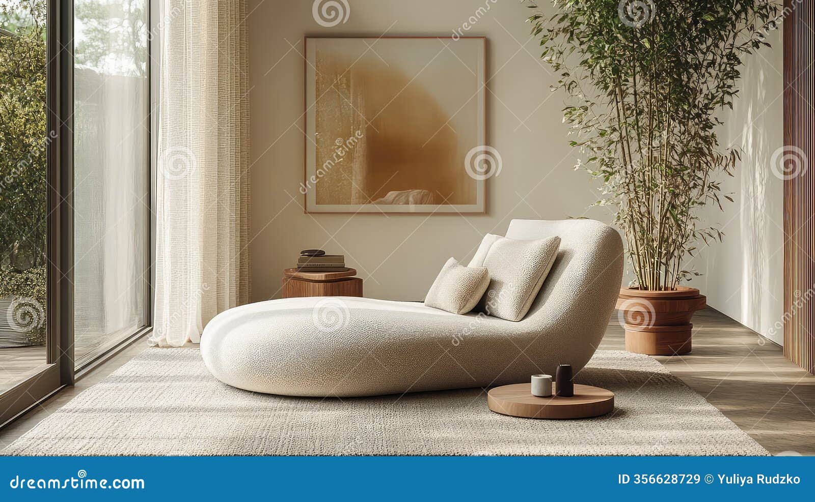 minimalist office relaxation corner with sleek furniture, soft pillows, and a calming color palette for modern serenity