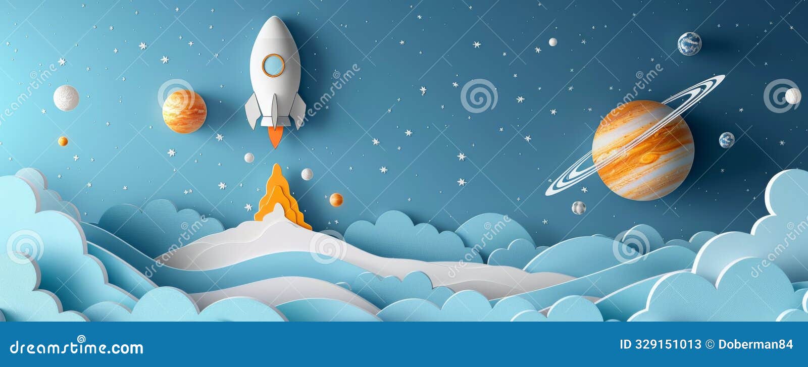 minimalist paper cut-out style of space scene with rocket and planets