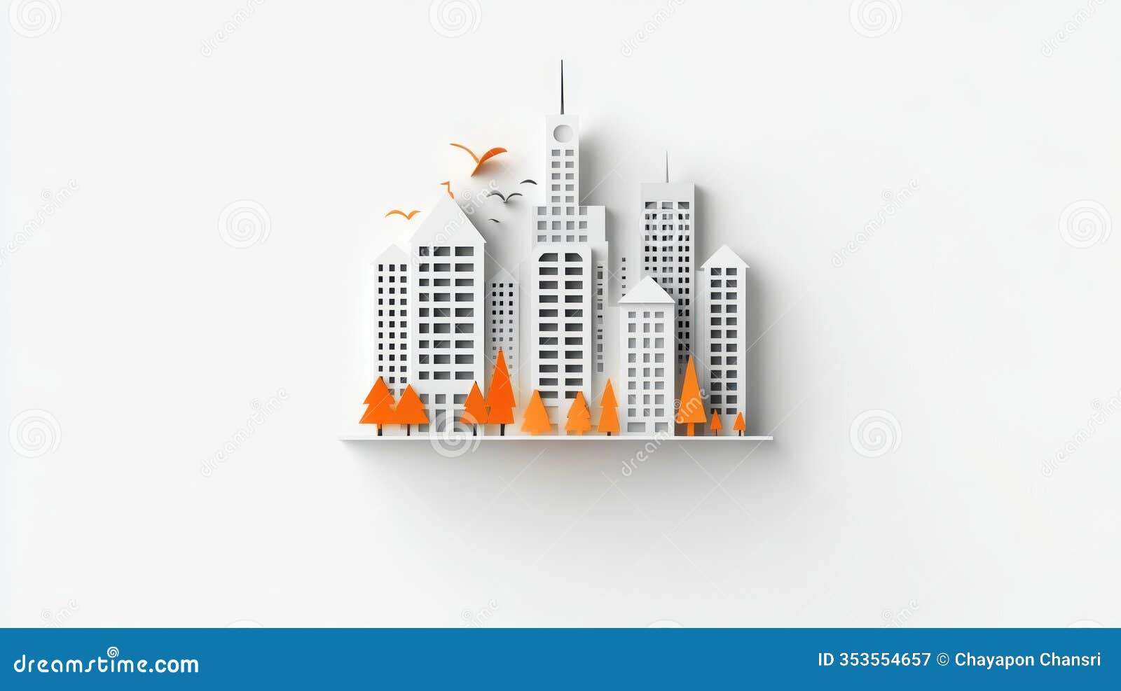 minimalist paper cut style cityscape with white buildings, orange trees, and birds flying in sky, creating clean and modern
