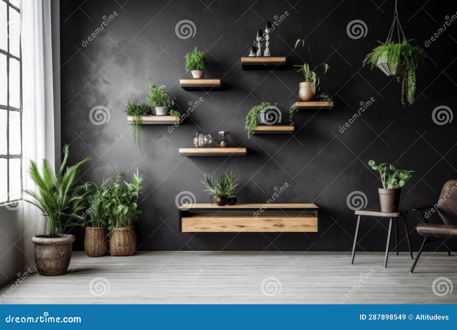 Minimalist Room with Floating Shelves and Plants Stock Image Image of