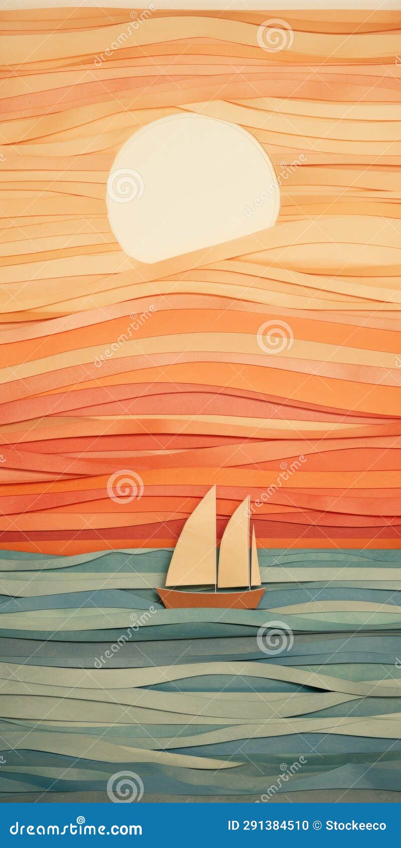 abstract paper sculpture: boat sailing on sunset ocean