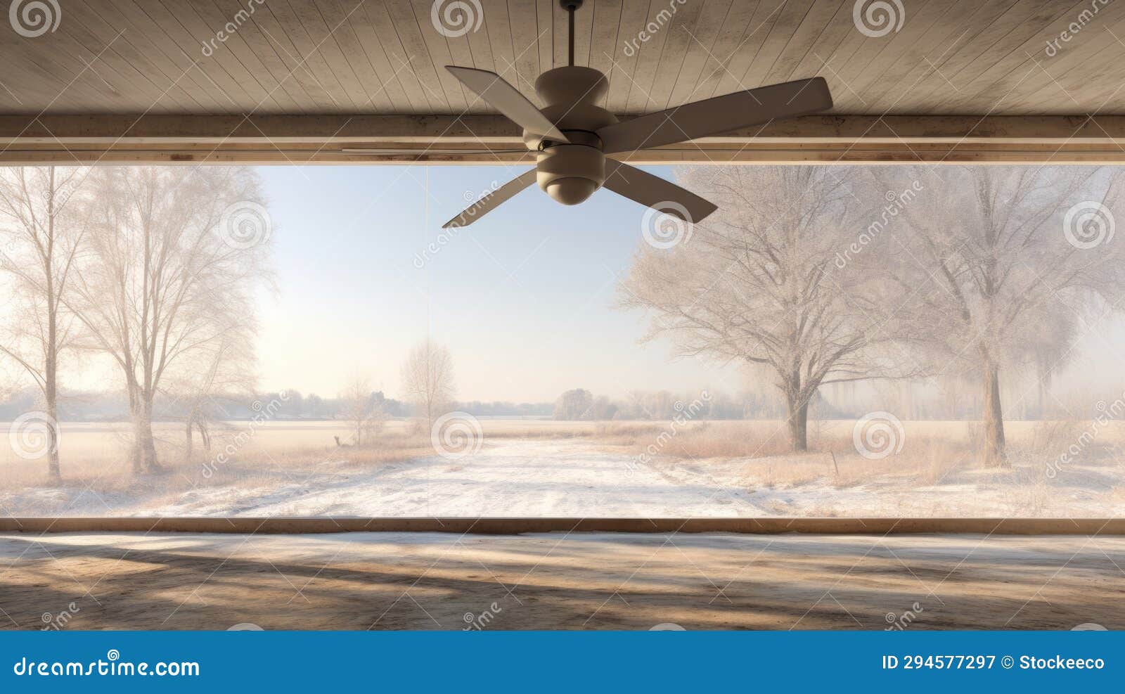 minimalist snow scene empty room with ceiling fan and scenic field view