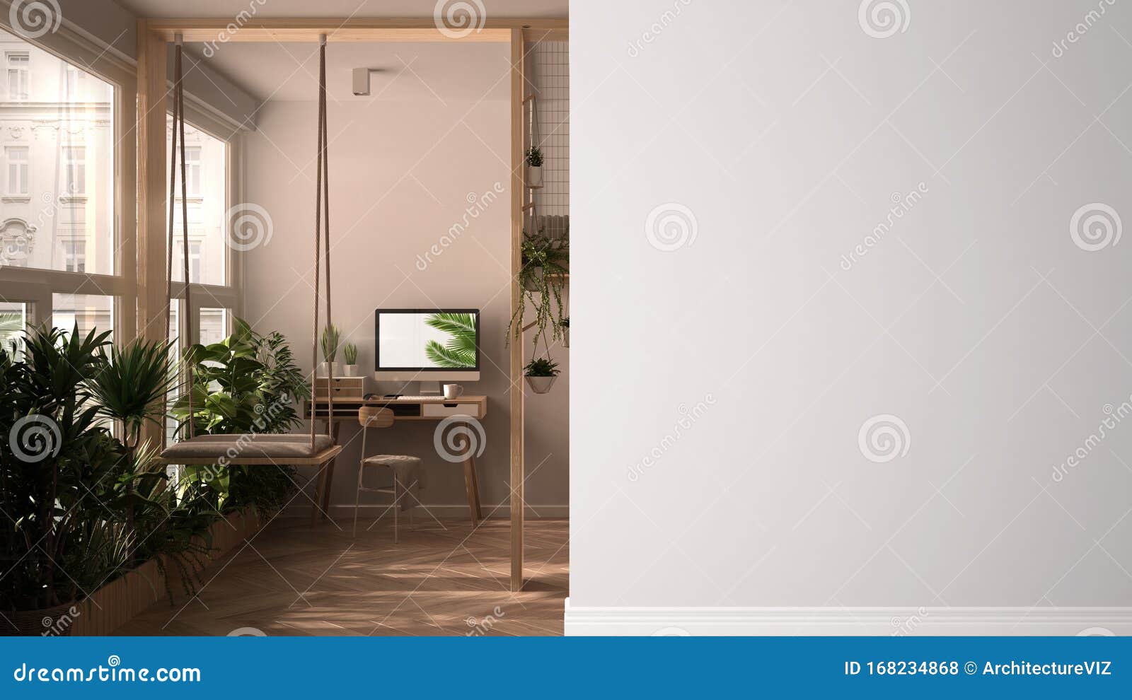 Minimalist Studio Apartment With Loft Bunk Double Bed Mezzanine Swing On A Foreground Wall Interior Design Stock Illustration Illustration Of Corner Architecture 168234868
