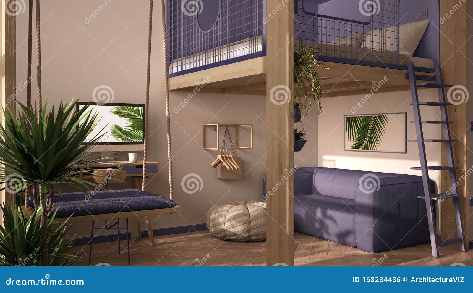 Minimalist Studio Apartment With Loft Bunk Double Bed Mezzanine