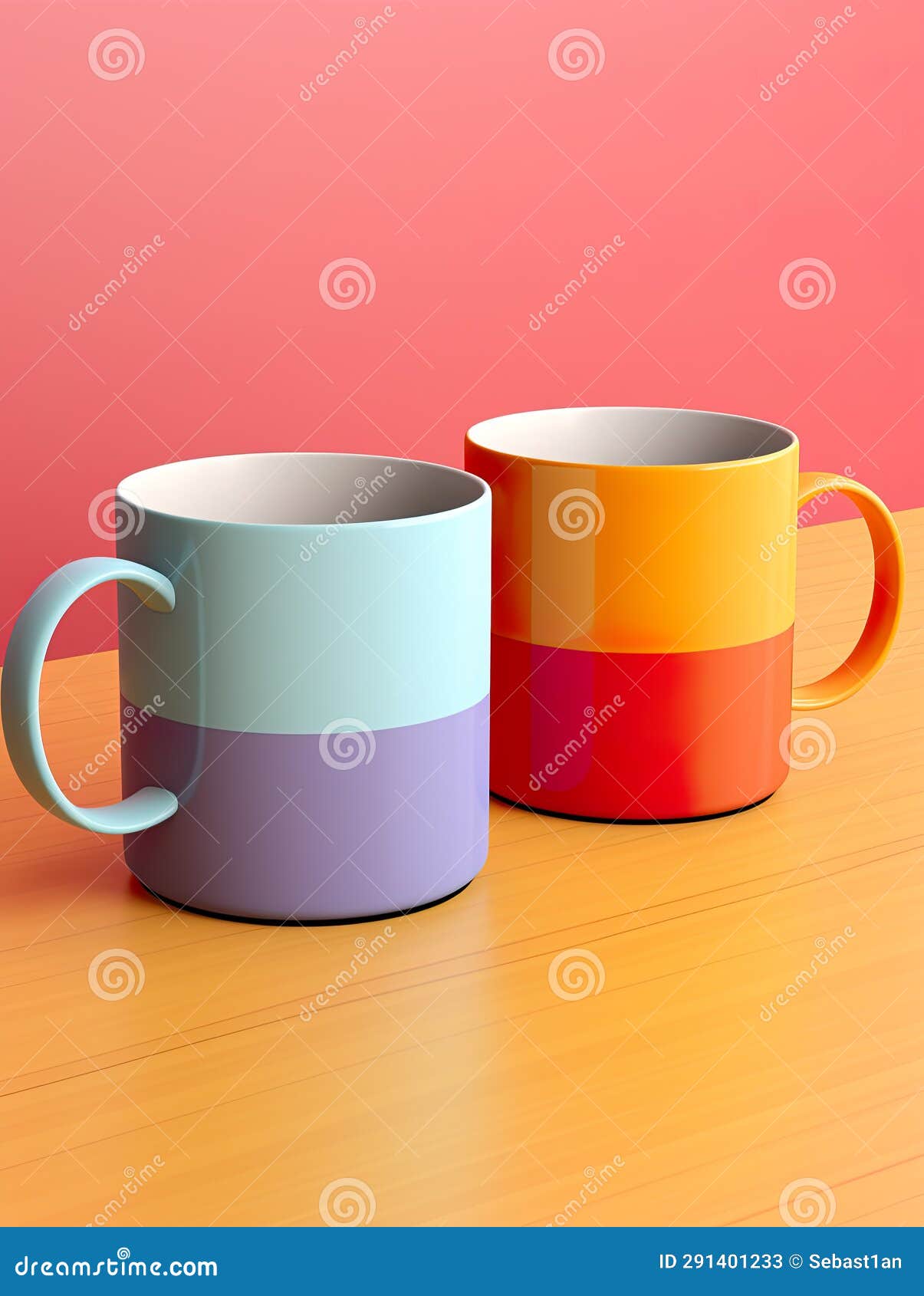 a minimalist studio shoot of two chic, complementary-colored mugs.