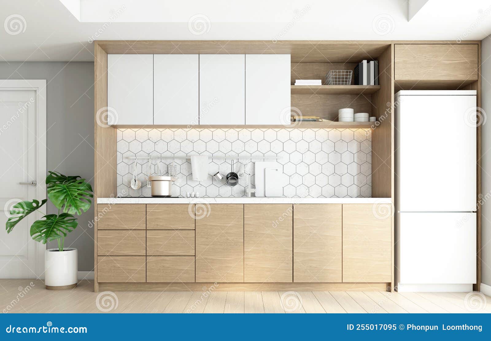 Minimalist Style Kitchen with Builtin Counter and Wood