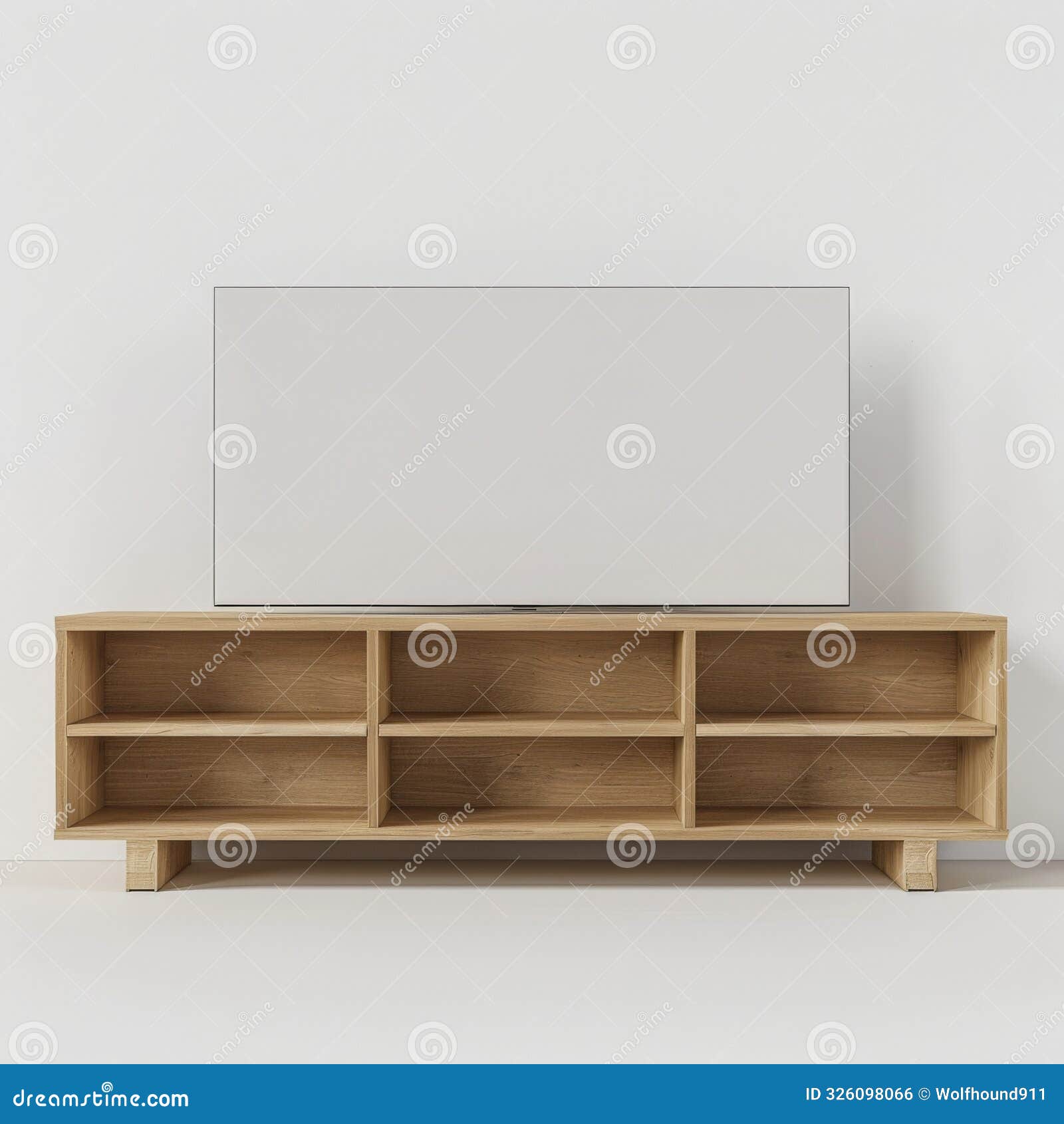 a minimalist tv console with open shelves and a light wood finish,  on white background. ai