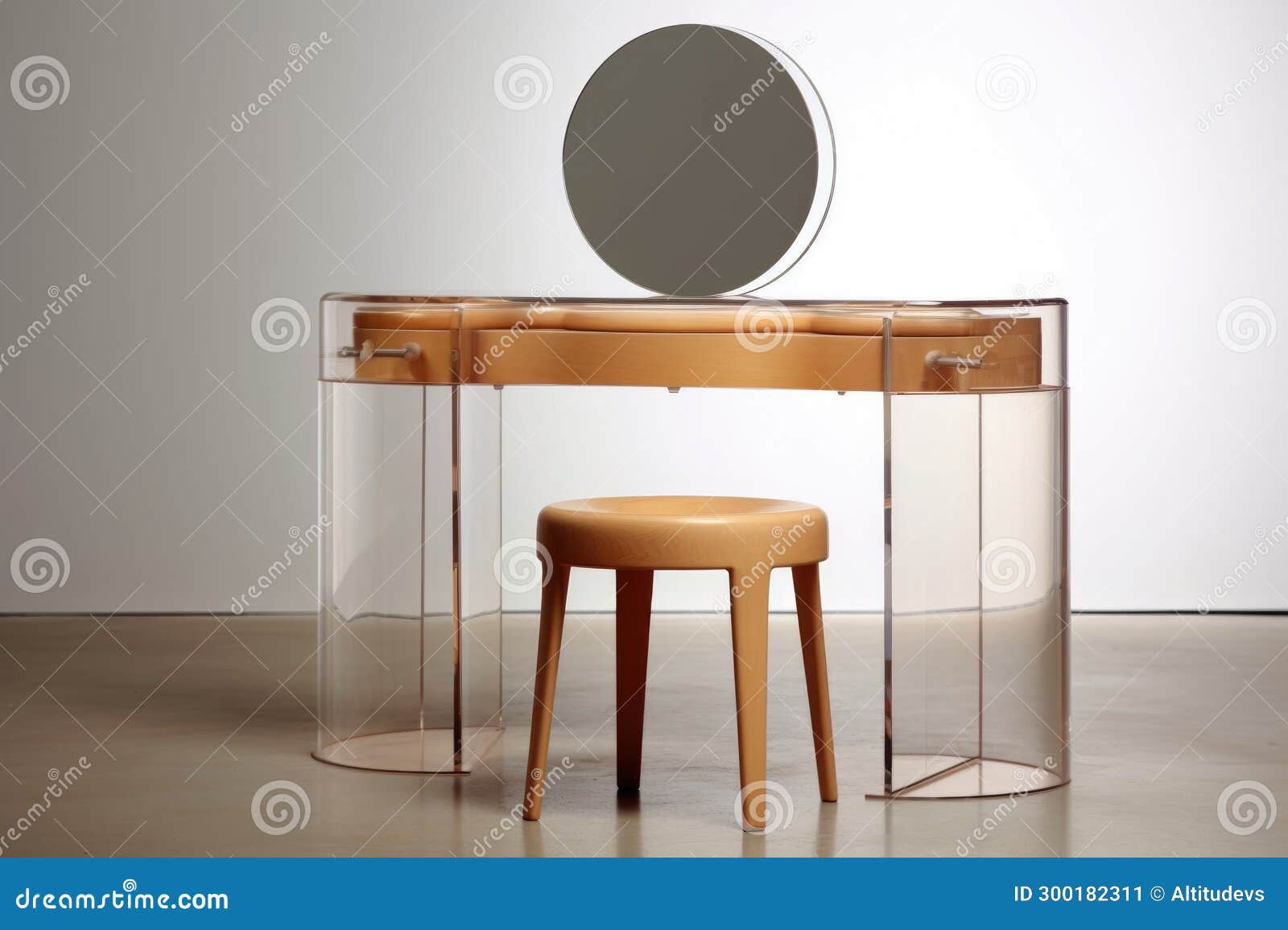 A Minimalist Vanity Table with a Round Mirror, Clear Makeup Organizer