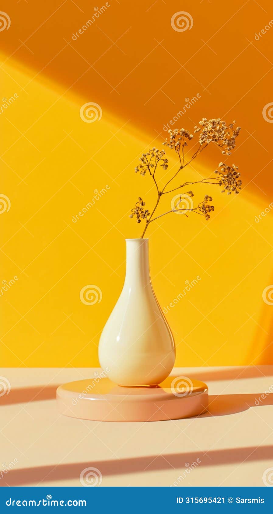 minimalist vase with delicate dried flowers on a vibrant yellow background