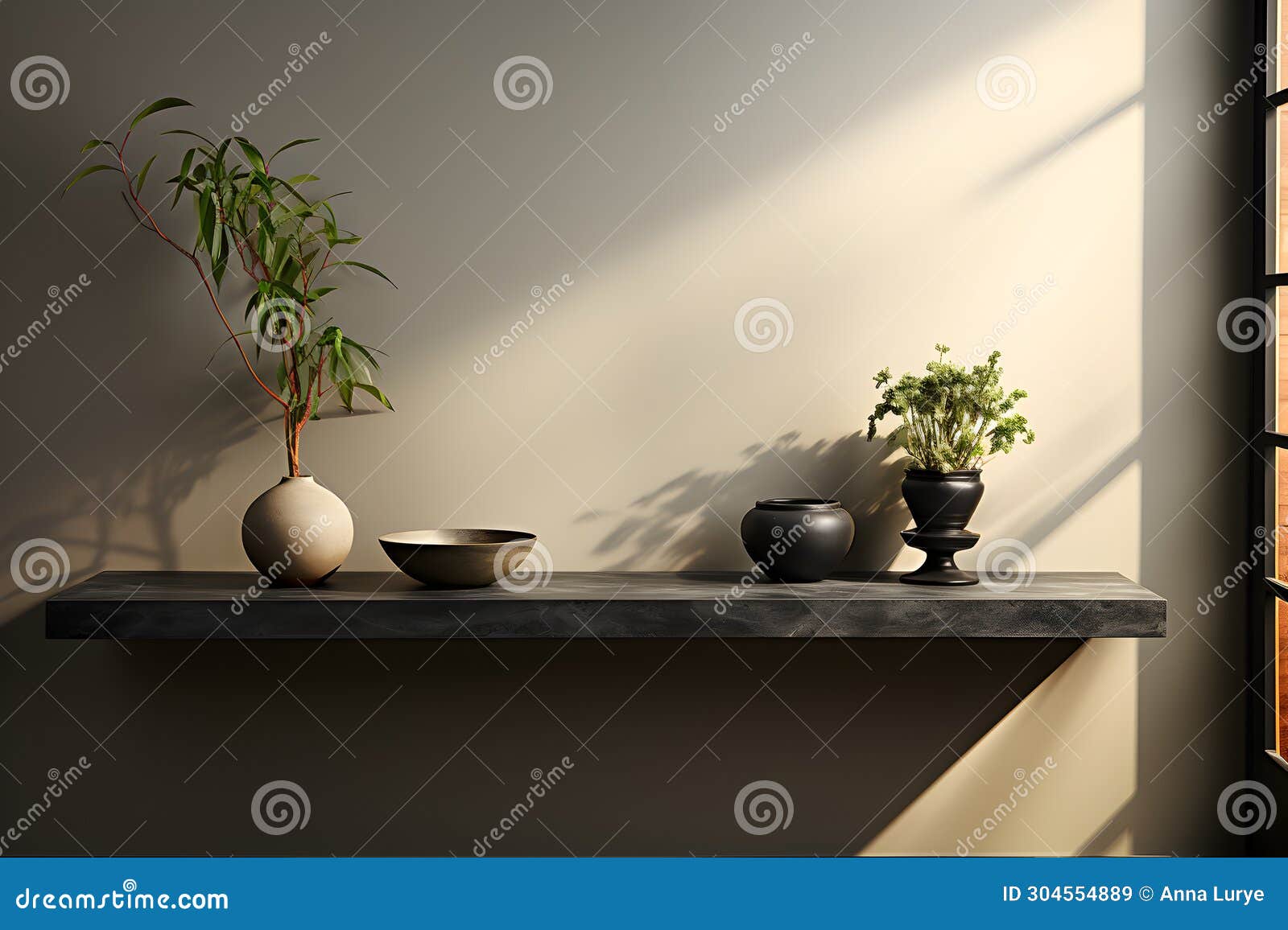 a minimalist wall-mounted shelf with plants in vases, with sleek invisible brackets. trendy floating shelf 