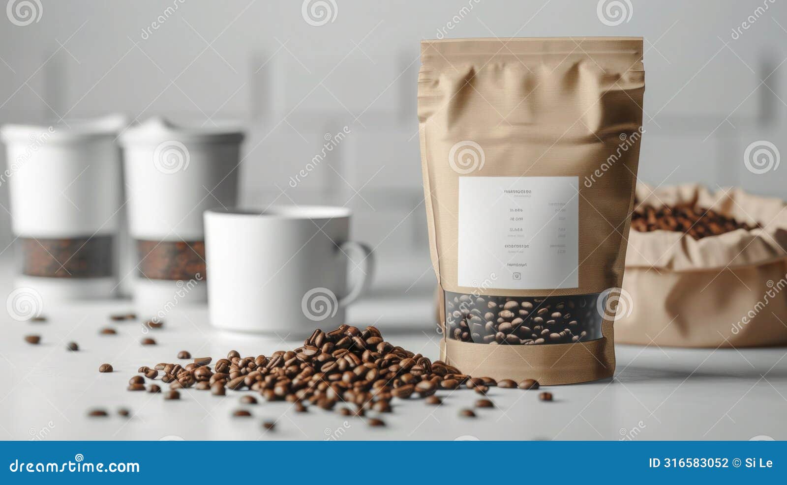 minimalist white artisanal and ecological coffee brand mockup with windowed packaging and white label tag on white bag