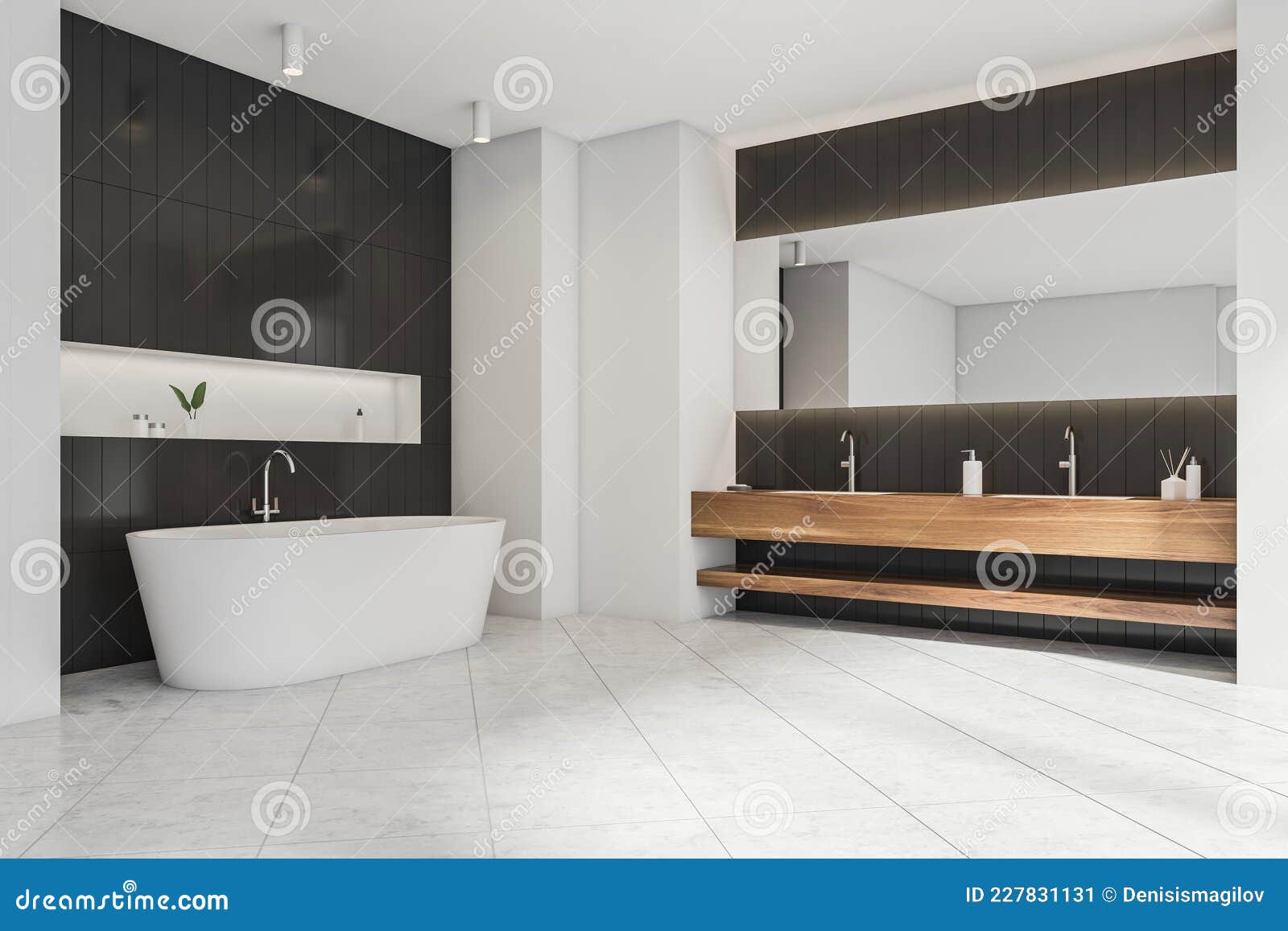 Minimalist White and Black Bathroom Space with Wooden Vanity. Corner ...