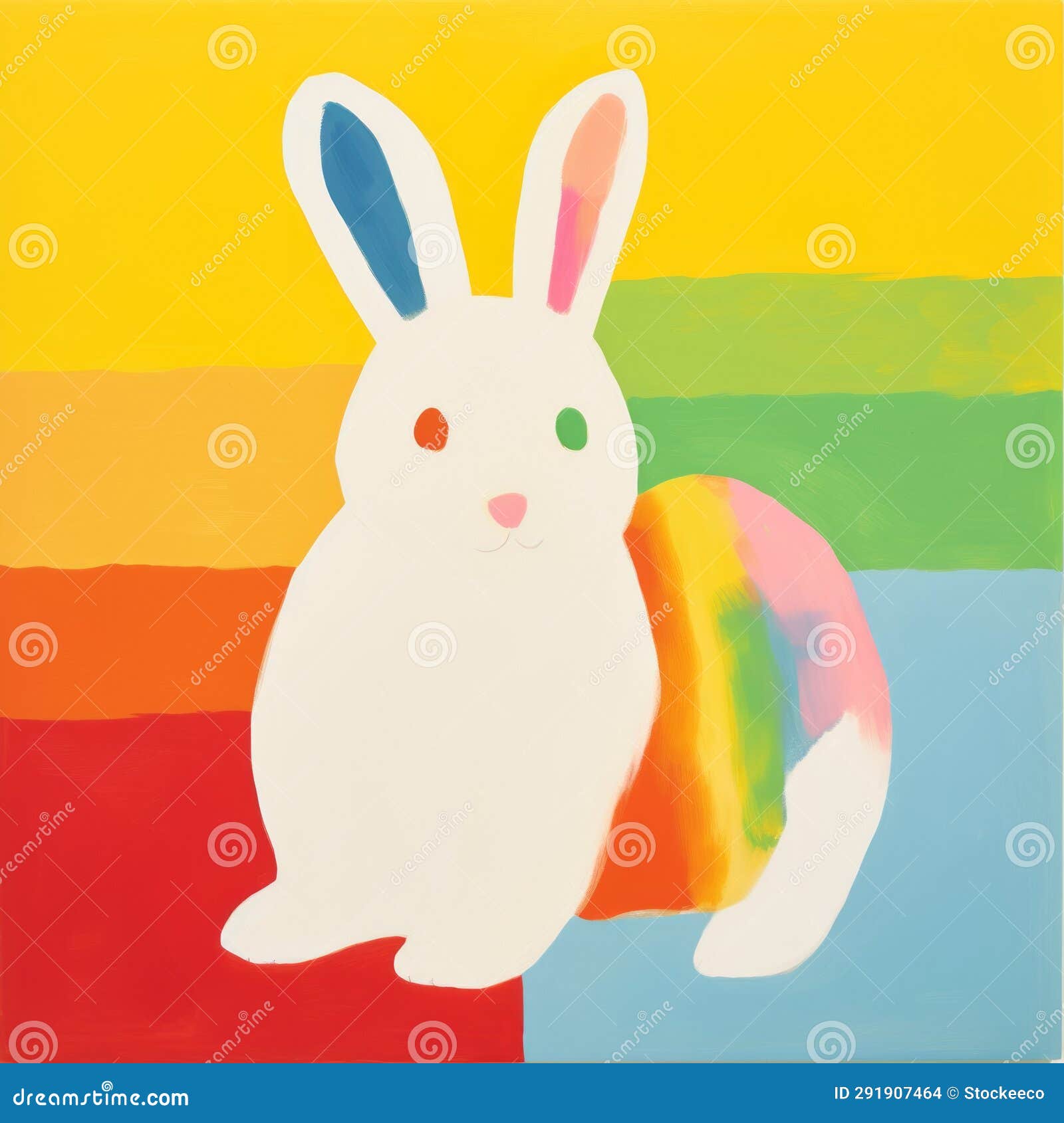 minimalist white bunny art on rainbow background