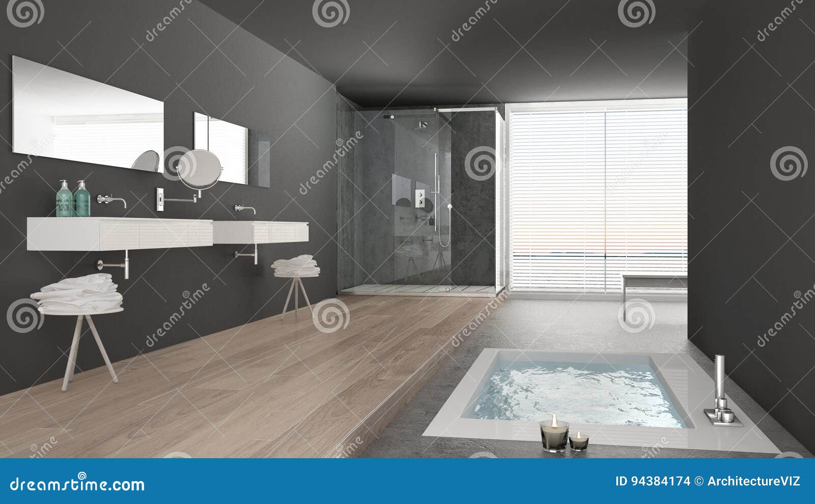 Minimalist White and Gray Bathroom with Bath Tub and Panoramic Stock Photo Image of flat