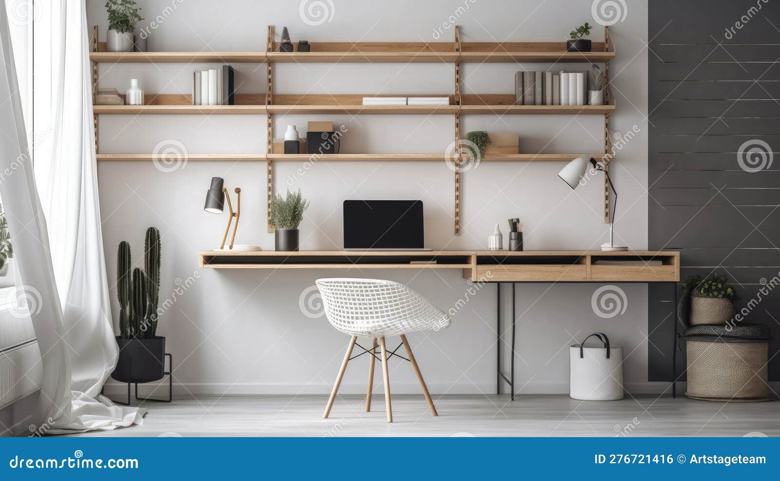 A Minimalist Workspace with Floating Shelves and Simple Desk. AI