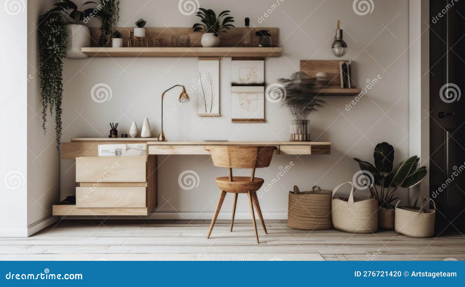 A Minimalist Workspace with Floating Shelves and Simple Desk. AI