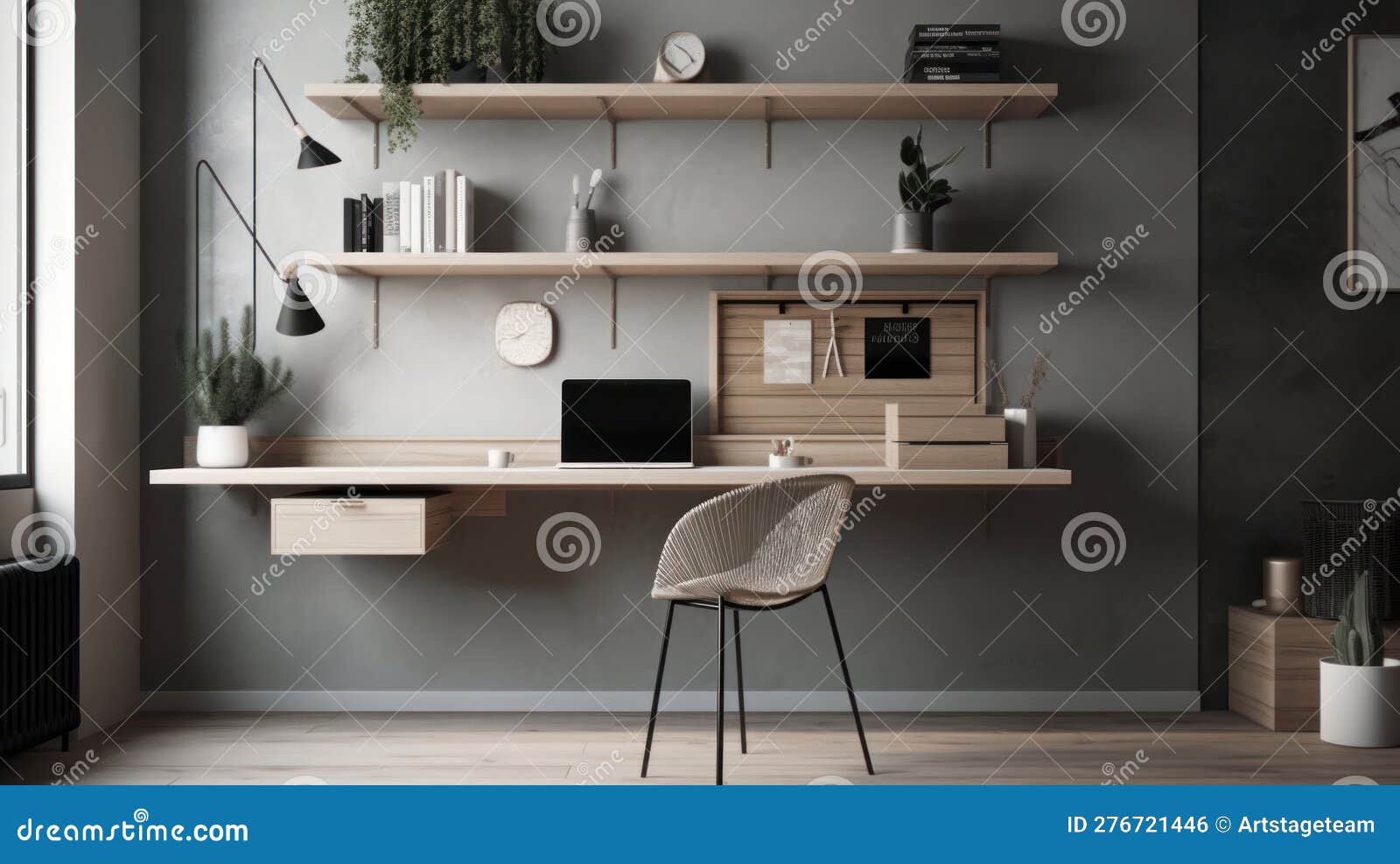 A Minimalist Workspace with Floating Shelves and Simple Desk. AI