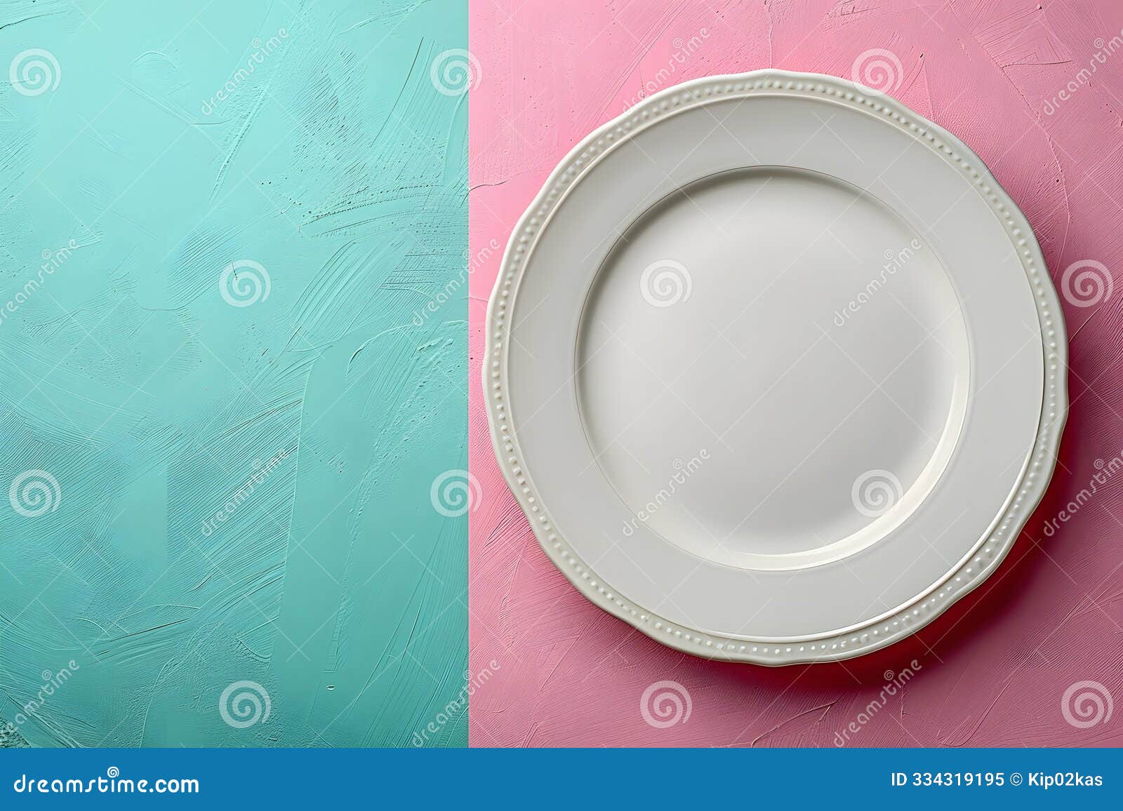 minimalistic  for print: empty white plate on colorful turquoise and pink background generative ai