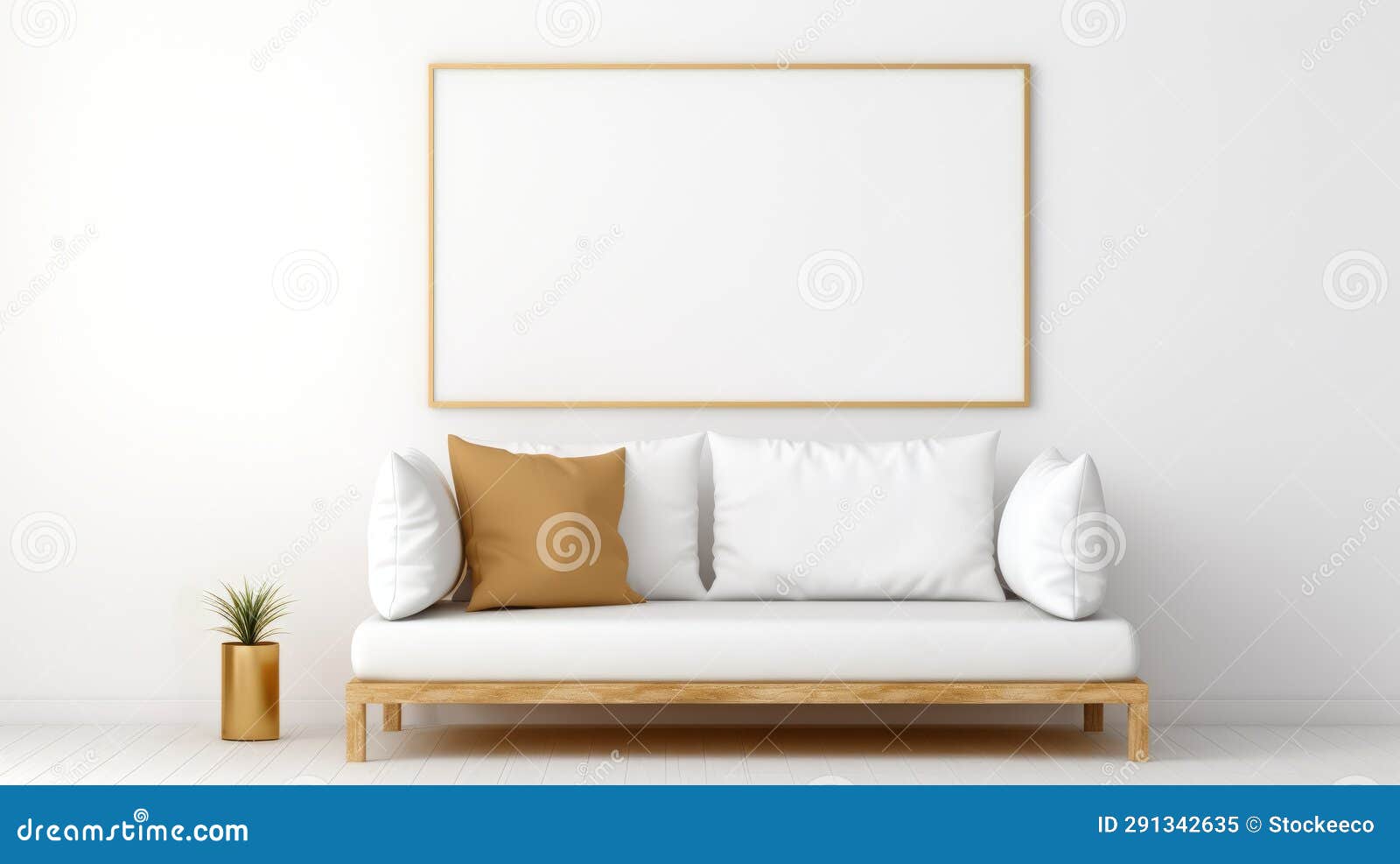 Minimalistic Futon with Golden Frame on White Wall Stock Illustration