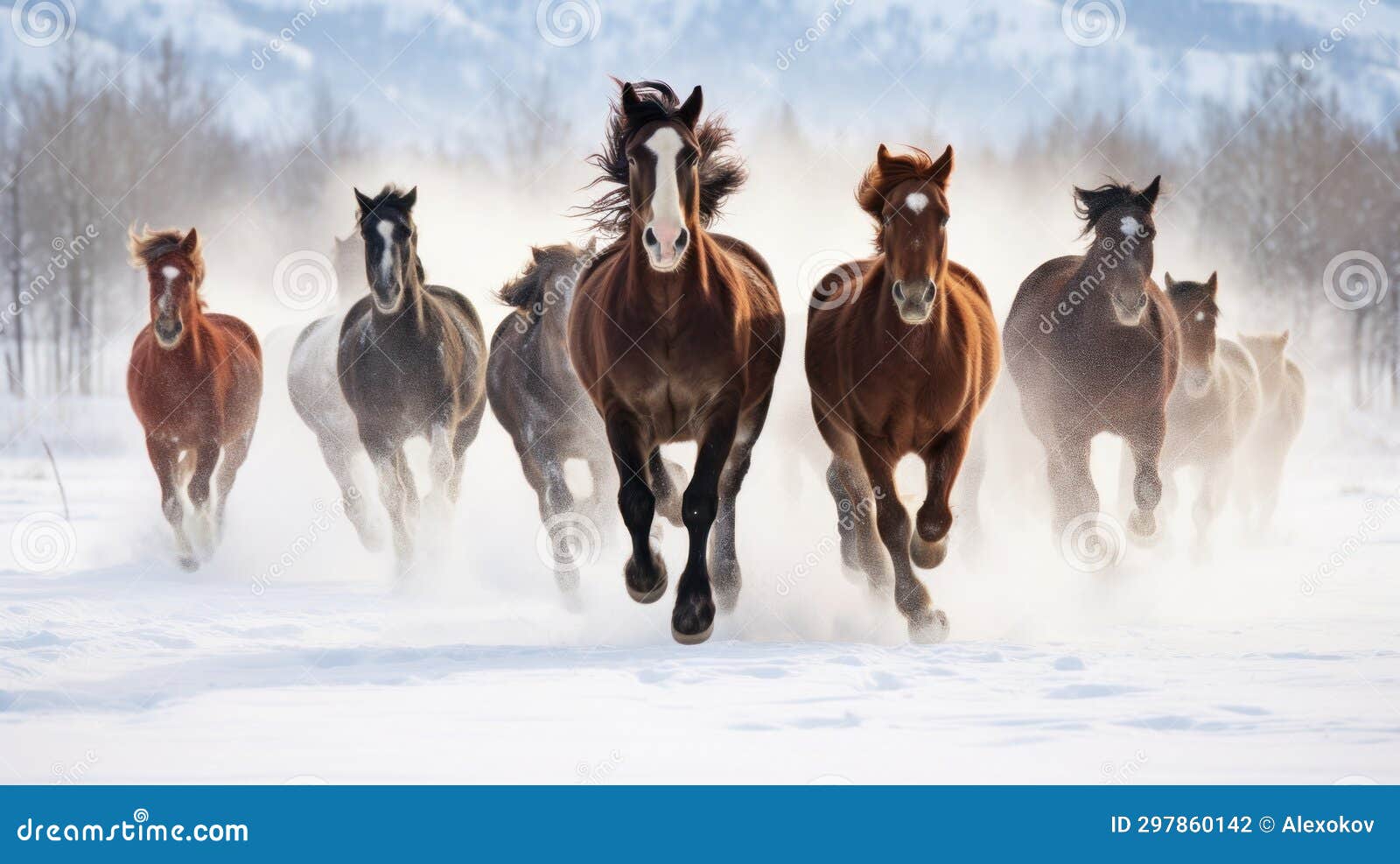 minimalistic image of rodeo horses running through winter meadow in kalispell, montana ai generated