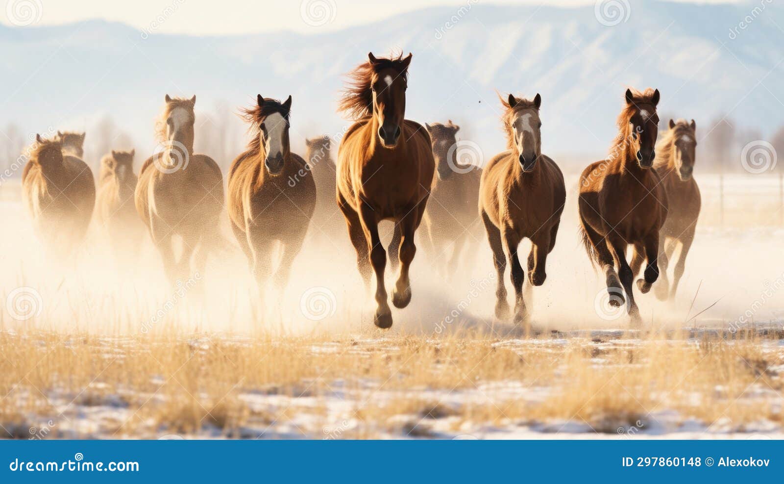 minimalistic image of rodeo horses running through winter meadow in kalispell, montana ai generated