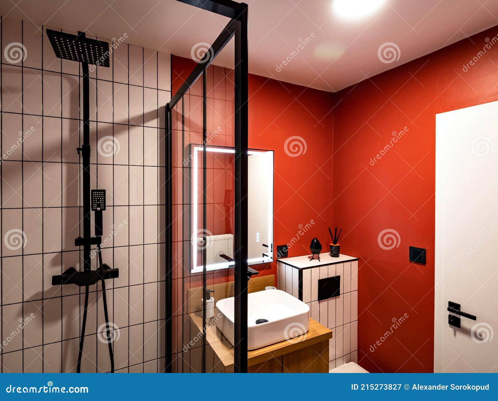 The Minimalistic Interior of the Combined Bathroom. Shower and Toilet
